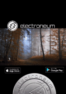 an advertisement for electroneum with a picture of a forest in the background