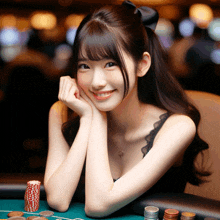 a woman sits at a poker table with a stack of poker chips