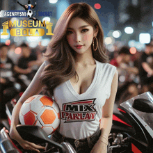 a woman is holding a soccer ball and wearing a shirt that says mix parlay