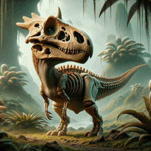 a skeleton of a dinosaur with horns is standing in the grass