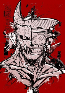 a black and white drawing of a monster with horns and a hat on a red background .