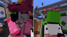 a couple of minecraft characters standing next to each other in a game .