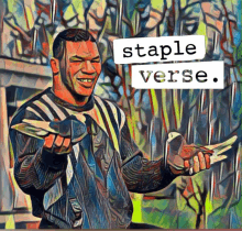 a painting of a man holding a knife with the words staple verse behind him