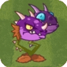 a purple monster with horns and a blue eye is standing on a green grass field .