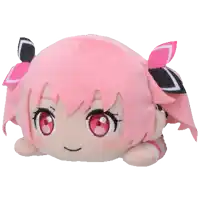 a stuffed animal with pink hair and red eyes is laying down