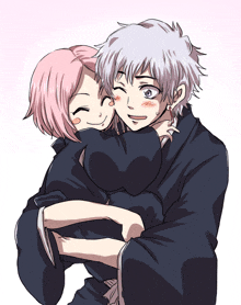 a girl with pink hair is hugging a man with white hair