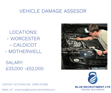 an advertisement for a vehicle damage assessor by blue recruitment