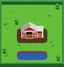 a cartoon drawing of a barn with a pond in the background