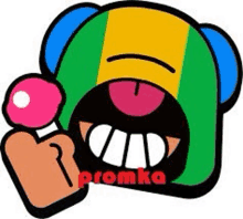 a cartoon character from brawl stars is holding a lollipop in his mouth .