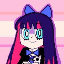 a pixel art drawing of a girl with purple hair and blue eyes