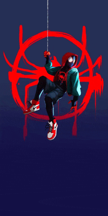 miles morales is hanging from a spider web with a red circle in the background