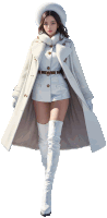 a woman in a white coat and white boots is standing on a white background