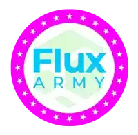 a logo for flux army in a pink circle with stars around it