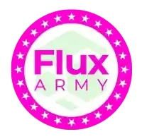 a pink circle with the word flux army inside of it