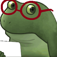 a green frog wearing red glasses is holding a white sign