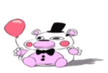 a pink teddy bear is holding a red balloon and wearing a top hat and bow tie .