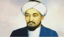 a man with a beard and a turban is wearing a blue jacket and white shirt .