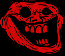 a red troll face with a black background and a big smile