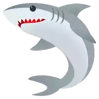 a cartoon shark with red teeth and a black eye