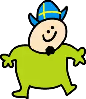 a cartoon drawing of a man wearing a blue hat with a yellow cross on it