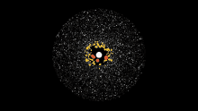 a black background with a circle of stars and a yellow and red circle in the middle .