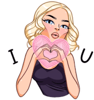 a cartoon drawing of a woman making a heart shape with her hands and the words i love you behind her