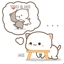 a cartoon cat is sitting on a wooden table and thinking about a cat hugging another cat .