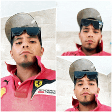 a man wearing sunglasses and a scuderia ferrari shirt poses for a picture