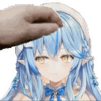 a close up of a person 's hand touching a blue haired anime girl 's head