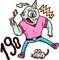 a cartoon drawing of a monster holding a cell phone with the number 190 next to him