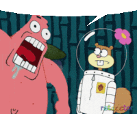 a cartoon of patrick star and sandy cheeks with a speech bubble