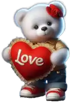 a teddy bear is holding a red heart that says love on it .