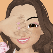 a cartoon girl is smiling and covering her face with her hand