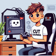 a boy wearing a white shirt that says cut gaming sits in front of a computer