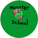 a green circle with the words monster school and a zombie face on it