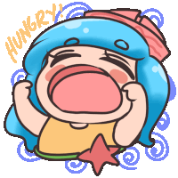 a cartoon of a girl with blue hair and the word hungry