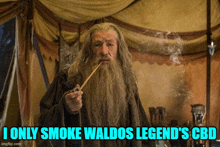 a man with a beard is smoking a pipe with the caption " i only smoke waldos legend 's cbd "