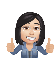 a cartoon woman wearing glasses and a blue jacket gives a thumbs up