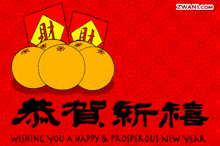 a cartoon drawing of oranges on a red background with the words wishing you a happy & prosperous new year