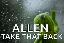 a kermit the frog looking out a window with the words allen take that back above him