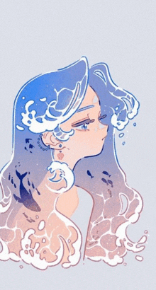 a drawing of a woman with blue hair surrounded by water