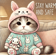 an illustration of a cat wearing bunny pajamas with the words " stay warm and safe " on the bottom