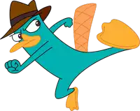 a cartoon of perry the platypus wearing a hat and kicking