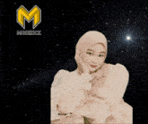 a woman wearing a hijab and a white dress is smiling in front of a logo for musezick