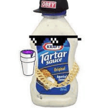 a bottle of kraft tartar sauce with sunglasses and a hat .