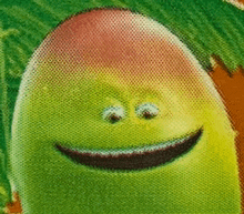 a close up of a green and yellow cartoon character with a smiling face