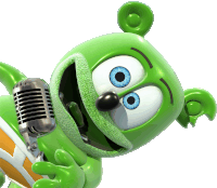 a green gummy bear singing into a microphone with blue eyes