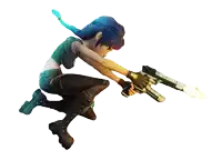 a cartoon character with blue hair holding a gun