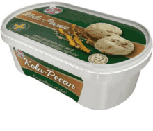 a container of kola-pecan ice cream has a green label