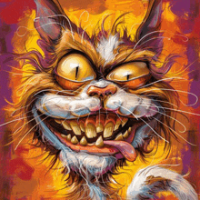 a colorful painting of a cat with its tongue out